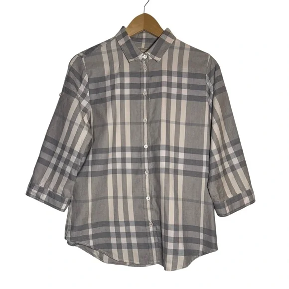 BURBERRY BRIT Women’s 3/4 Sleeve Plaid Button Down 100% Cotton Shirt Size Medium - Picture 3 of 12